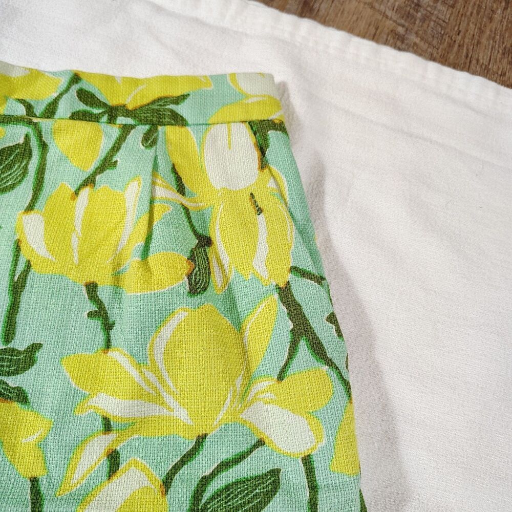JCrew Floral Skirt Womens 8 Yellow Green Daffodil Magnolia Print Textured Pocket - Picture 2 of 9